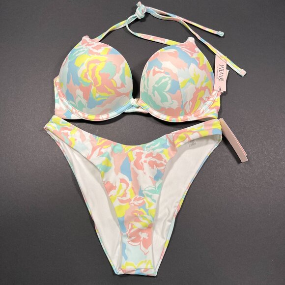 Victoria Secret 32C S Bombshell Push Up Bikini Brazilian Set Blue Pink Pastel - Picture 1 of 11